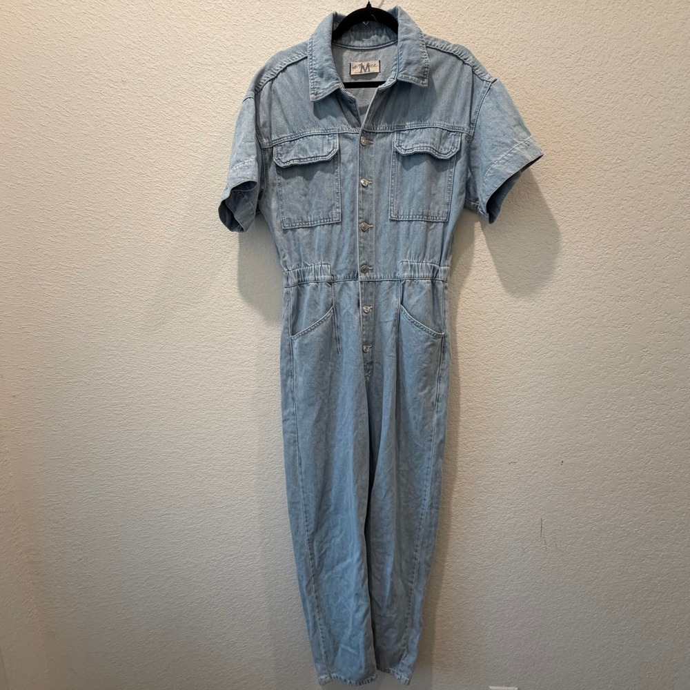 We The Free Free People Denim Jumpsuit Light Wash Short Sleeve Utility Blue M